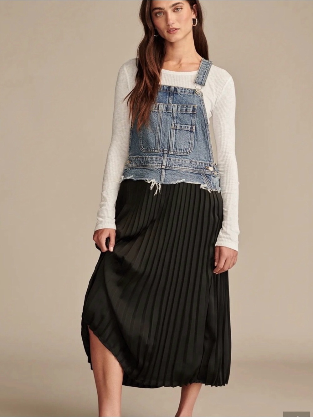 Lucky Brand Black Pleated Midi Dress with Denim Bib Detail
